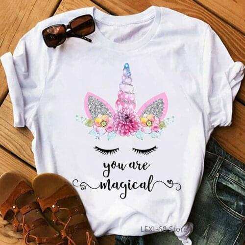 Kawaii Unicorn Girl Graphic T Shirt Femme Flowers Tshirt Female Harajuku Shirt Tops You Are Magic Letter Print T-Shirt Women