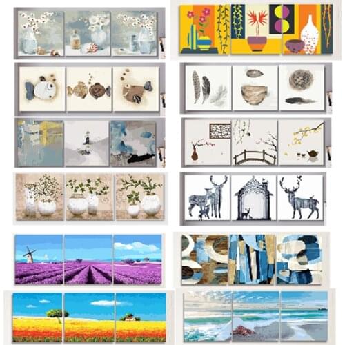 3pcs DIY Oil Painting by Numbers Flower Triptych Room Decoration Animal Landscape Abstract Pictures by Numbers Home Decor