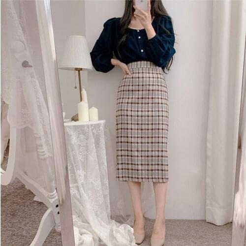Plaid skirts new Girls spring blouse women suit blue shirt Tops high waist long A Line skirts two piece suits Sell separately