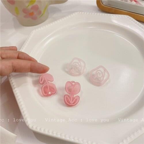 Korean Retro Pink Rose Earrings Romantic Fashion INS Style Acrylic Flower Earrings Girl Classic Candy Color Earrings