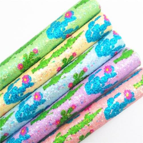 LEOsyntheticoDIY cactus Printed Chunky Glitter Vinyl Fabric Sheet Felt Backing Synthetic Leather Faux Vinil DIY A4 SIZE R148