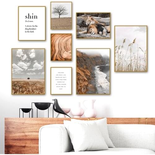 Lion Wheat Field Reed Tree Round Lake Wall Art Canvas Painting Nordic Posters And Prints Wall Pictures For Living Room Decor