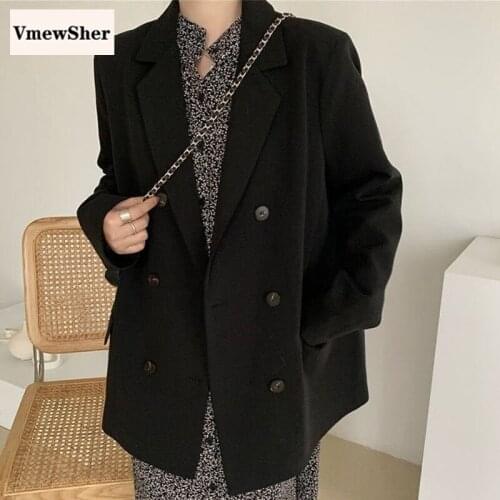 VmewSher New Autumn Vintage Women Blazer Black New Suit Jacket Autumn Loose Office Lady Casual Long Sleeve Turn-down Collar Coat
