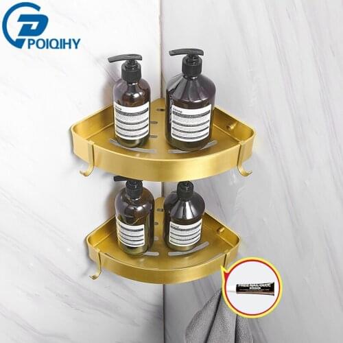 POIQIHY Corner Shelf Wall Mounted Bathroom Shelf Brushed Gold Bath Shower Shelf Bath Shampoo Holder Corner Shelf Aluminum