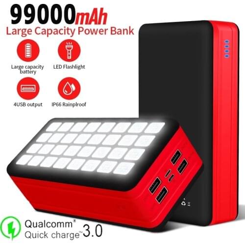 99000mAh Solar Phone Charger Portable Power Bank Large Capacity with LED Light 4USB Ports Power Bank for Xiaomi Samsung Iphone