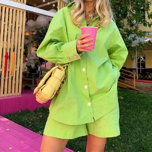2pcs Summer Casual Outfits Solid Color Long Sleeves Single-Breasted Loose Shirt Elastic High Waist Straight Shorts Wild Suit