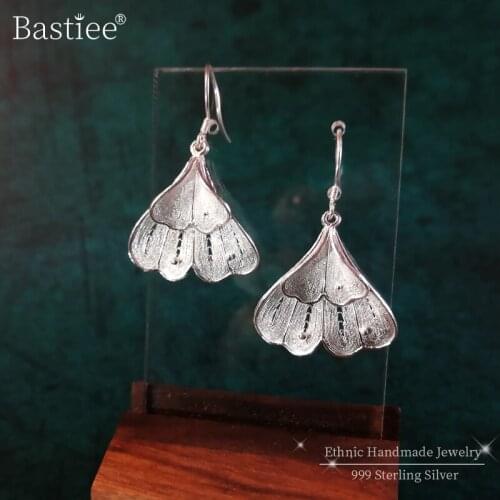 Bastiee Ginkgo Leaf 999 Sterling Silver Korean Earrings For Women Statement Earrings Korean Fashion Jewelry Handmade Accessories