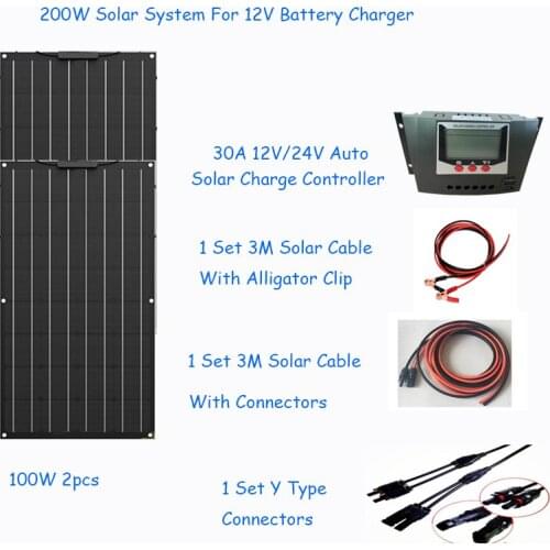 Solar System 200W With 2pcs 100W Etfe Flexible Solar Panel 30A LCD Charge Controller 3M Battery Cable Y Type Connector for 12V