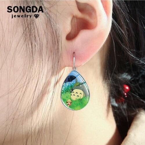 SONGDA Classic Anime My Neighbor Totoro Earrings Cute Totoro Cartoon Print Glass Dome Tear Drop Earrings Sisters Friendship Gift