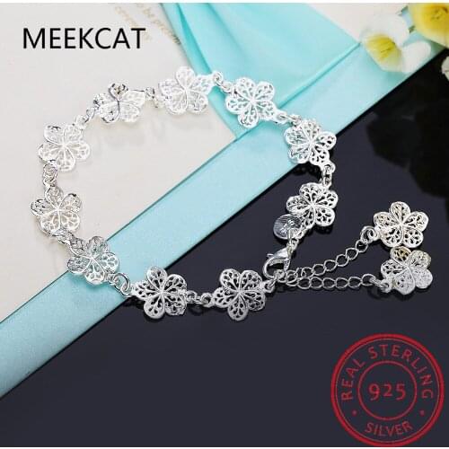 MEEKCAT 925 Sterling Silver Full Flower Bracelet For Women Wedding Engagement Party Fine Jewelry