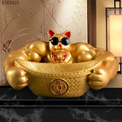 Creative Abstract Golden Muscle Cat Storage Box Cartoon Animal Sculpture Figurines Resin Muscle Arm Lucky Cat Home Decoration