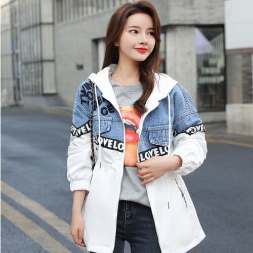 2021 Spring Autumn New Hooded Mid-length Splicing Cowboy Windbreaker Womens Clothing Fashion Embroidery Waist Trench Coat Top