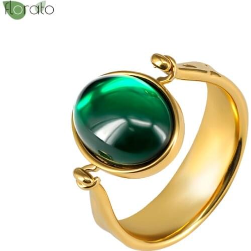 YUXINTOME 24k Gold Plated/Silver Minimalist Inlaid Green Glossy Gemstone Rings for Women Fashion Shell Rings Fine Jewelry Unisex