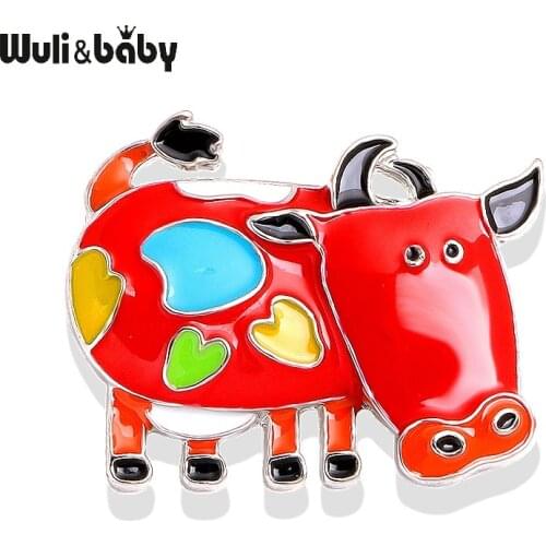Wuli&baby Enamel Cow Cattle Brooches For Women Cute Animal Party Casual Brooches Pins Gifts