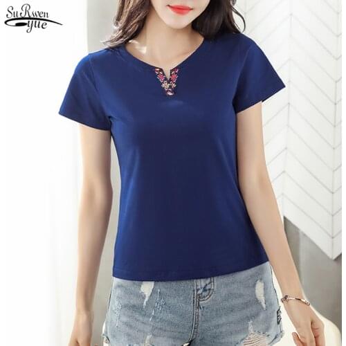 2021 Summer Slim Fit Women Tops and Tees Embroidery V-neck T-shirt Women Casual Solid Short Sleeve Tshirt Camiseta Mujer 8607 50