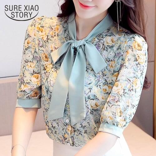 2020 Summer New Elegant Bow Floral Short Sleeve Chiffon Blouse Women Korean Loose Slim OL Summer Tops Women Chemisier Femme 9543