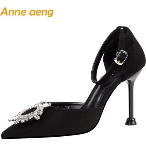 2020 New Summer Women Ankle Strap Sandals High Thin Heel Pointed Toe Bling Crystal Party Sexy Ladies Women Shoes Black High Heel