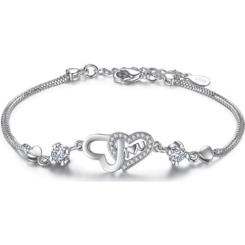 100% 925 sterling silver double heart design shiny zircon bracelets for women wholesale jewelry birthday gift drop shipping