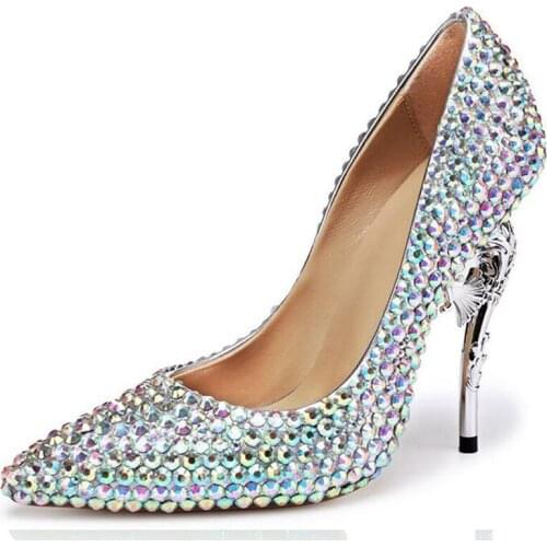 Women Brand Design Pointed Toe Bling Bling Rhinestone Stiletto Thin Heel Pumps Crystal High Heels Wedding Shoes