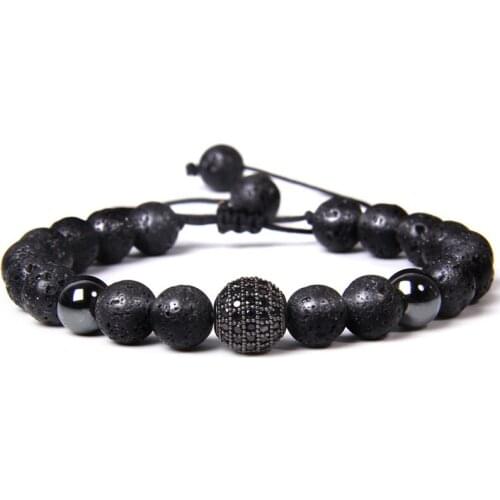 Womens Mens Gun Black Zircon Micro Beaded Bracelet Hand Woven Natural Black lava Stone Bead Adjustable Black Rope Bracelet diy