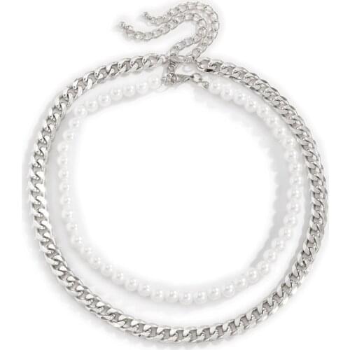 Stainless Steel Chains Artificial Pearl Double Necklace Women Beaded Fashion Geometric Suit Layered Jewelry Choker Collares