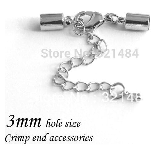 100piece/lot rhodium plated for leather cord 3mm end caps with lobster clasp and chain extender