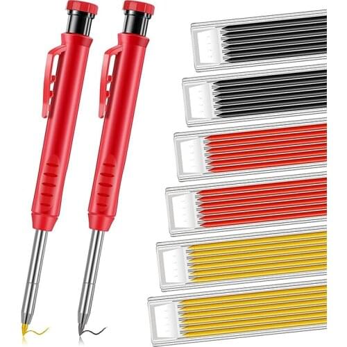 2 Pcs Solid Carpenter Pencils Woodworking Mechanical Pencils and 36 Pieces Refills in 3 Colors with Built-in Sharpener