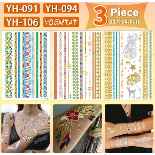 3pcs/batch Golden Color Line Henna Wrist Tatto Waterproof Temporary Tattoo Sticker Flash Fake Tatoo Female