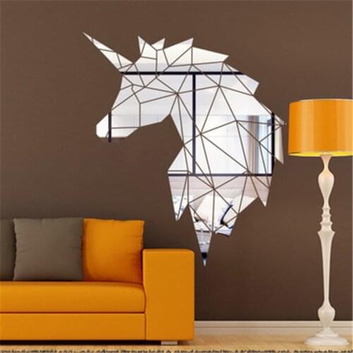 3D Unicorn Head Mirror Wall Sticker Geometry Unicorn Acrylic Mirror Decorative Sticker For Kids Room Living Room Wall Decoration