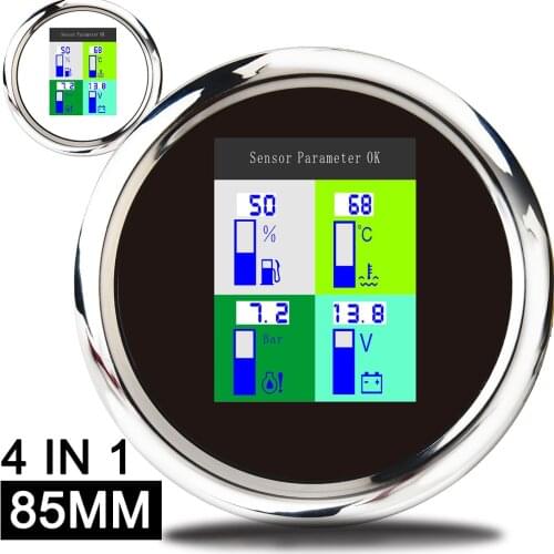 4 in 1 Multi-function 85mm Oil Pressure Gauge Fuel Level Gauge Water Temp Volt Meter Car Boat Voltage 9-32V Bar with Alarm