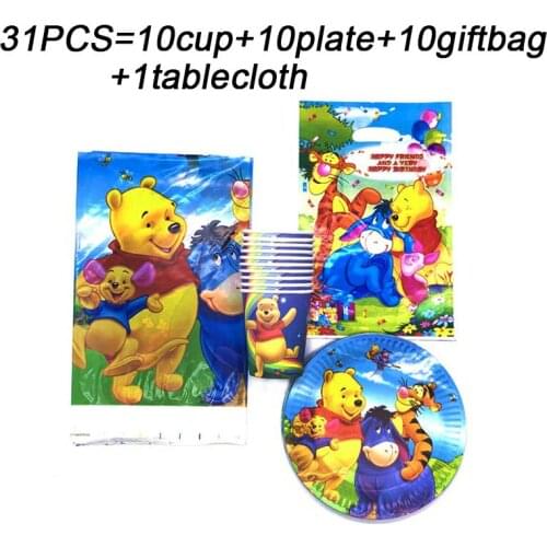 Happy Birthday Party Decor Kids Disposable Tableware Disney Winnie The Pooh Tablecloth Cups Gift Bags Baby Shower Party Supplies