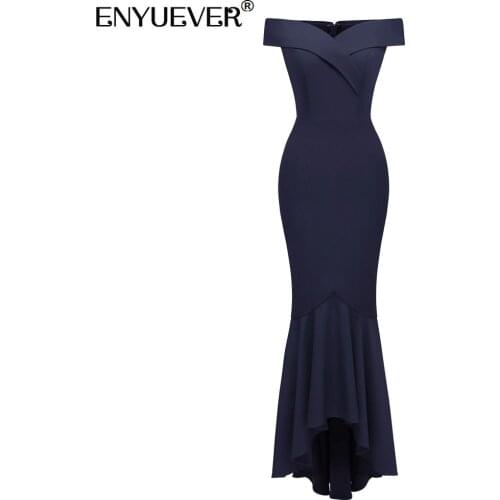 Enyuever Elegant Long Formal Dress V Neck Off Shoulder High Low Runway Bodycon Party Dresses Women Mermaid Evening Gowns Vestido
