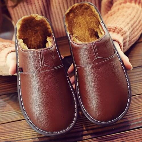 Mens shoes Genuine leather slippers winter sewing Non Slip mens indoor slippers rubber warm house shoes man