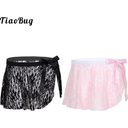 TiaoBug Mens Sissy See Through Sheer Lace Lingerie Mid Rise Elastic Waistband Side Split With Bowknot Mini Skirt