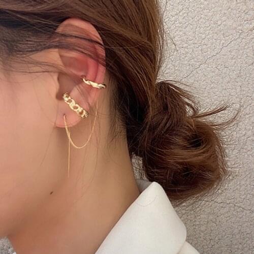 Korean Fake Piercing Earrings Set Gold Circle Ear Cuff Clip on Earrings Earcuff with Tassel Earrings for Women Fashion Jewelry