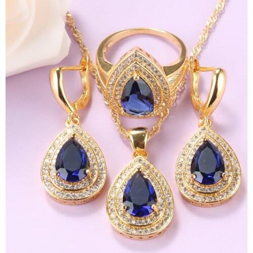 Water Drop Costume Blue Cubic Zirconia Gold Plated Jewelry Sets African Necklace And Earrings Ring 3-Piece Sets Women Gift