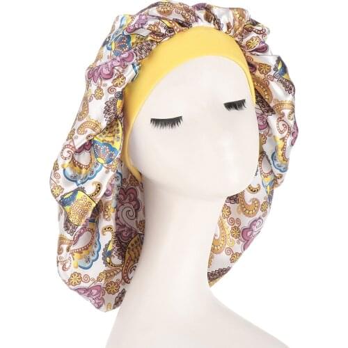 New Women Large Satin Bonnet Silk Sleep Night Cap Head Cover Bonnet Headwrap Hat Hair Wrap Accessories Print Satin Night Hat