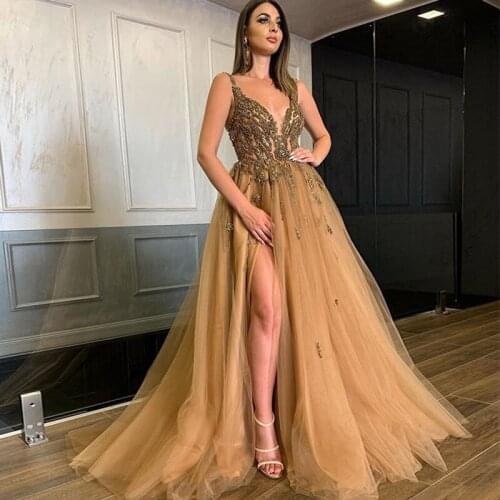 Luxurious Spaghetti Straps Hand Beading High Split A Line Floor Length Tulle Prom Dresses