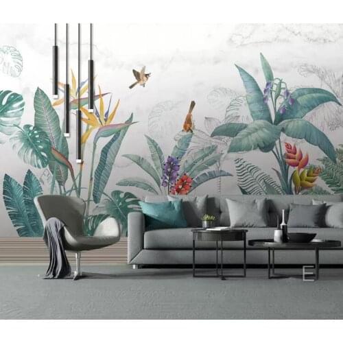 Hand drawn tropical rainforest Flamingo leaf flowers background wall murals custom large green 3d wallpaper