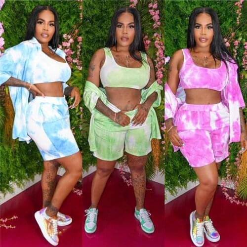 VAZN 2021 Tie Dye Print Summer Bandage V-Neck Full Sleeve Elegant Street Clothing Suits 3 Piece Set Women Top And Pant