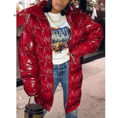 Bright PU Faux Fur Leather Long Puffer Jacket for Women Winter Clothing Warm Parka Full Sleeve Outwear Bubble Coats