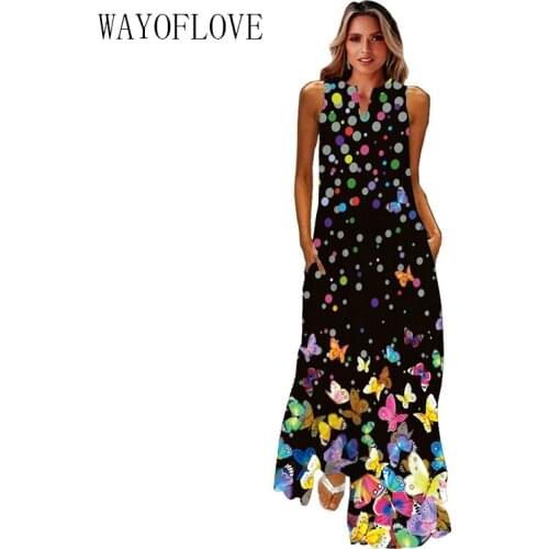 WAYOFLOVE New Maxi Dress Women Summer Beach Dots Butterfly Print Plus Size Elegant Dress 2021 Casual Sleeveless Vestidos Dresses
