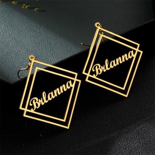 Mumuxing2021 Personality Quadrangular Earrings Custom Name Stainless Steel Geometric Hollow Earrings Ladies Jewelry Gifts