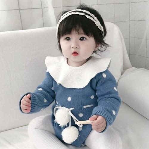 Baby knitting Bodysuit Newborn Infant Baby Girls Boy Knitted Long Sleeve Bodysuits Dot lotus collar Sweater Jumpsuits Warm Tops