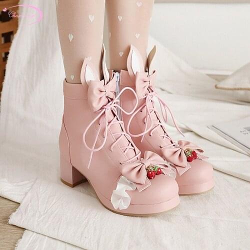 Lovely cartoon style round toe ankle boots fashion bowknot ears zipper platform medium heel thick riding boots womens shoes