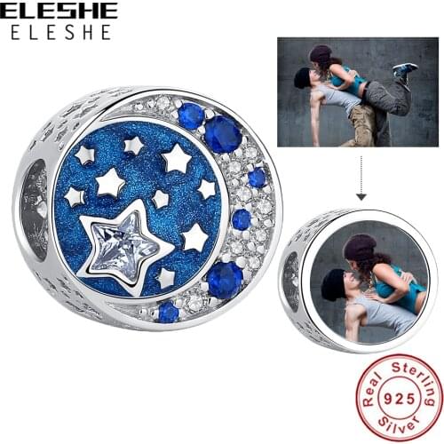 ELESHE Fashion Moon Stars Fine Beads Customize Photo 925 Sterling Silver European Charms Fit Original Bracelet Jewelry Making