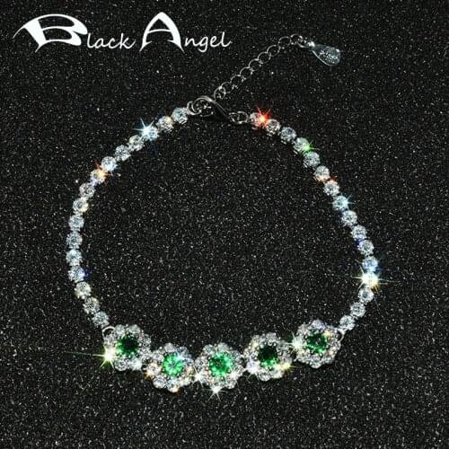BLACK ANGEL New Shiny Inset Zircon Fashion Luxury Emerald Gemstone Snowflake Bracelet for Women 925 Sterling Silver Jewelry Gift