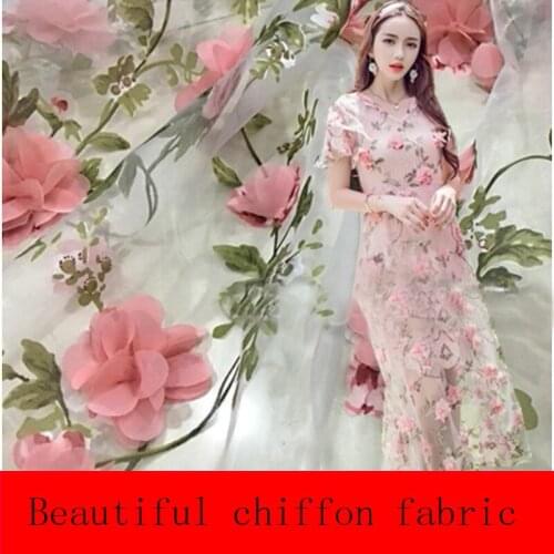 French three-dimensional flower chiffon lace organza embroidery fabric hand applique dress diy wedding dress fabric
