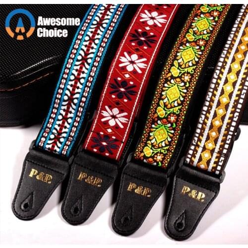 Quality 5 Colors Vintage Flowers Stripes Acoustic Electric Guitar Strap Woven Embroidery Fabrics Leather Ends Strap