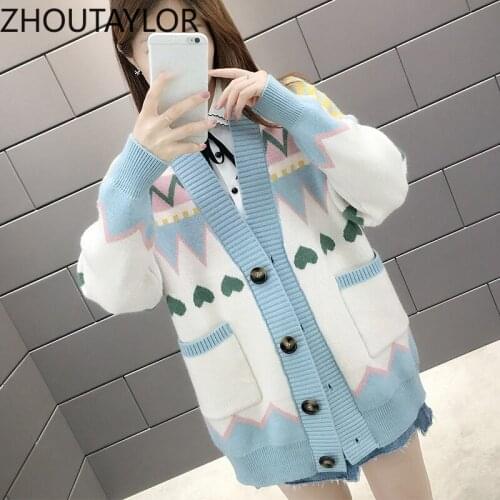 ZHOUTAYLOR Cardigan Women Fashion Single Breasted Full Sleeve Tops Femme Office Lady V-Neck Loose-fitting Sweaters Female S0376